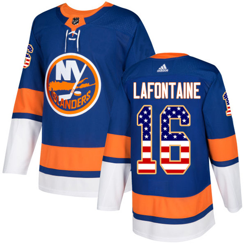 Adidas Islanders #16 Pat LaFontaine Royal Blue Home Authentic USA Flag Stitched NHL Jersey - Click Image to Close